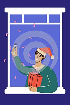 Mery Christmas card with man in the window. Window with man and confetti celebrating Christmas or New Year.