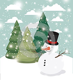 Mery christmas card with snowman in snowscape