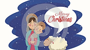 mery christmas lettering with mary virgin and jesus animation