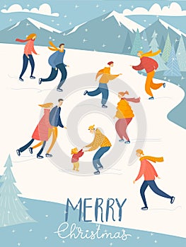 Mery Christmas poster with people do winter activities