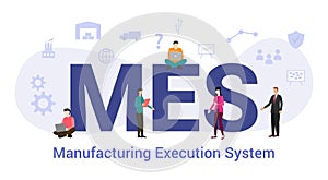 Mes manufacturing execution system concept with big word or text and team people with modern flat style - vector