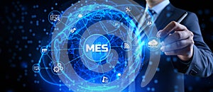 MES Manufacturing execution system technology concept on virtual screen