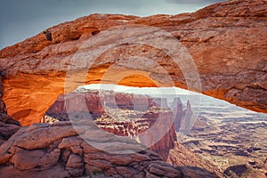 Mesa Arch is a sandstone arch on the eastern edge of the island on the Sky table in Canyonlands National Park in northern San Juan