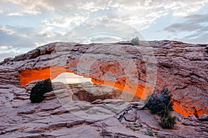 Mesa arch at sunrise with vibrant colours