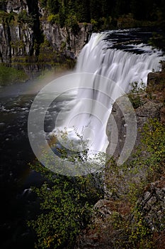 Mesa Falls Waterfall Water Fall Ruged Canyon with Mist and Rainbows