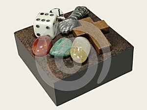 Mesa mÃ­stica com pedras, sÃ­bolos e objetos xamÃ¢nicos.