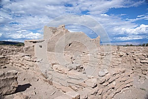 Mesa top adobe and stone ruins of ancient people at the Puye Cliff Dwellings in New Mexico