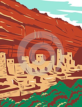 Mesa Verde National Park with Ancestral Puebloan Cliff Dwellings in Colorado WPA Poster Art