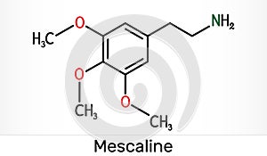 Mescaline molecule. It is hallucinogenic, psychedelic,  phenethylamine alkaloid. Skeletal chemical formula