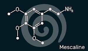 Mescaline molecule. It is hallucinogenic, psychedelic,  phenethylamine alkaloid. Skeletal chemical formula on the dark blue