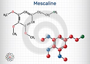 Mescaline molecule. It is hallucinogenic, psychedelic,  phenethylamine alkaloid. Structural chemical formula and molecule model.