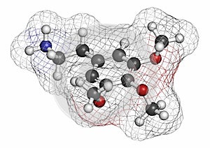 Mescaline peyote cactus psychedelic molecule. Atoms are represented as spheres with conventional color coding: hydrogen white,.