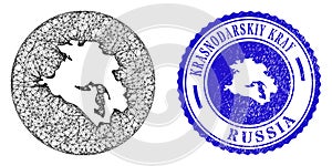 Mesh 2D Hole Krasnodarskiy Kray Map and Grunge Circle Stamp Seal