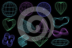 Mesh abstract shapes with globe in minimal style set. Futuristic elements and retrofuturistic shapes. Set of neo memphis