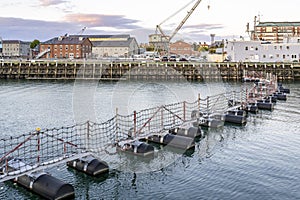 Mesh barrier on pontoons in the bay with a wood pier and port infrastructure with warehouses and cranes in the old industrial