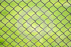 Mesh cage in the garden with green grass as background. Metal fence with wire mesh. Blurred view of the countryside through a