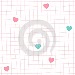 Mesh and cute heart shape seamless pattern. Hand drawn pink grid line background, pink and turquoise.