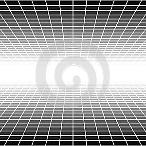 Mesh, grid in perspective vanish, diminish to distant horizon. Virtual 3D space render. Skyline converge abstract background. photo