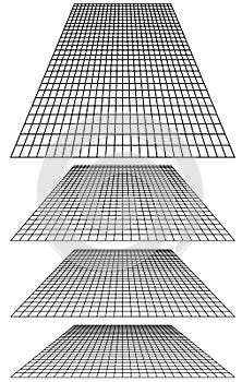 Mesh, grid in perspective vanish, diminish to distant horizon. Virtual 3D space render. Skyline converge abstract background. photo
