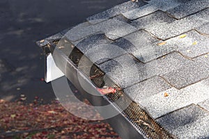 Mesh on home rain gutters keeping leaves out photo