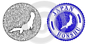 Mesh Net Stencil Honshu Island Map and Grunge Circle Stamp Seal