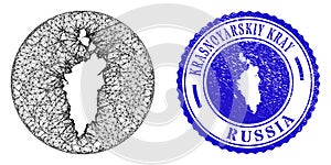 Mesh Network Stencil Krasnoyarskiy Kray Map and Grunge Round Stamp