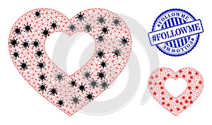 Polygonal Mesh Valentine Heart Icons with Infectious Elements and Distress Round hashtag Followme Seal photo