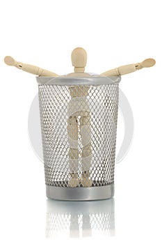 Mesh trash bin with manikin inside