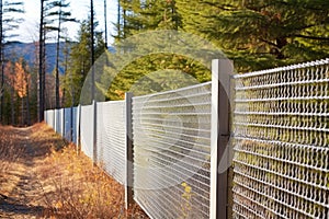 mesh and wire fence along a cabin perimeter