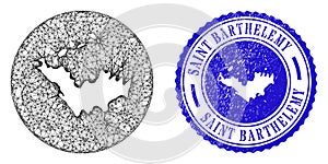 Mesh Wire Frame Stencil Saint Barthelemy Map and Scratched Circle Stamp Seal photo