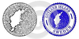 Mesh Wire Frame Subtracted Gotland Island Map and Distress Round Stamp Seal photo