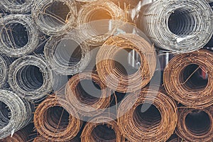 Mesh wire rolls of iron stainless steel, galvanized metal sheets construction material. Chicken wire mesh rolls farm fence. Net