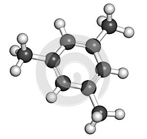 Mesitylene aromatic hydrocarbon molecule. Important solvent in chemical industry and volatile organic compound VOC pollutant in.