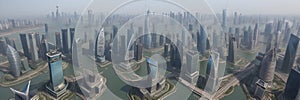 A mesmerising view of the skyscrapers of Shanghai, China, from the Wangpu River. High-rise buildings and bridges are reflected in