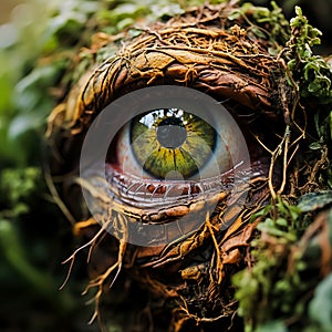 A mesmerize eye peeking through a lush green cover