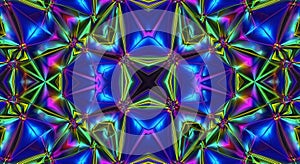 Abstract kaleidoscopic geometric pattern with vibrant blue, green, and purple hues