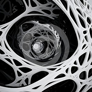 Abstract black and white 3D structure with intricate web design