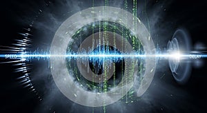 Abstract digital vortex of data and light with sound wave visualization