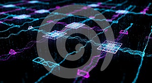 Futuristic grid of neon data streams and nodes