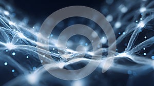 Mesmerizing abstract patterns of light and energy in a dark background, showcasing interconnected threads and glowing particles