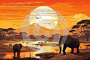 Mesmerizing african savannah sunset. majestic wildlife in the serene golden twilight