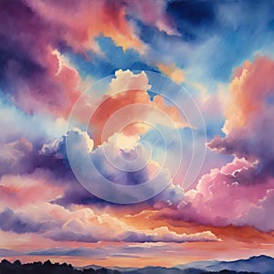 Ethereal Horizons: Watercolor Clouds in a Captivating Sky photo