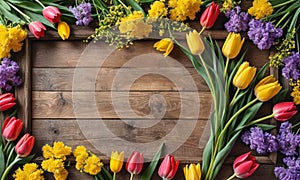 wooden background with colorful tulipps and yellow photo