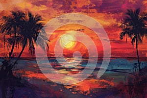 Mesmerizing Beach palms sunset sea. Generate Ai