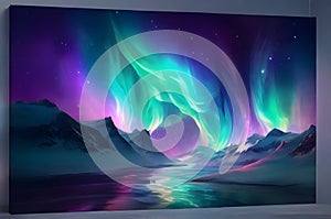 The mesmerizing beauty of an aurora borealis with swirling lights. Use a palette of iridescent colors to create a captivating,