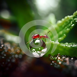 A Mesmerizing Bubble and an Ant's Graceful Exploration on a Vibrant Green Leaf.AI generated