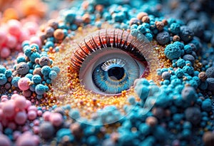 A mesmerizing close-up of an eye surrounded by colorful, textured elements
