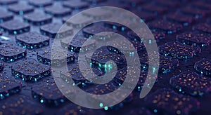 Digital microchips glow with blue neon light