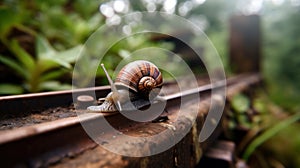 This mesmerizing closeup photograph captures the serene beauty of a snail delicately perched on a rail.