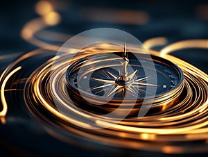 A mesmerizing compass in motion, surrounded by luminous trails of light that evoke a feeling of adventure and exploration in the photo